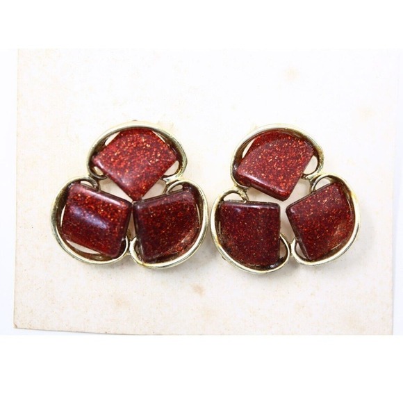 Vintage Red Glitter Thermoplastic Clip On Earrings Round Deco Design - Hey Viv - Picture 3 of 5